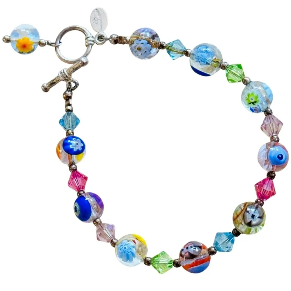 Lucky Clover Bracelet Murano Venetian Art Glass Beads Toggle Millefiori 925 7.5